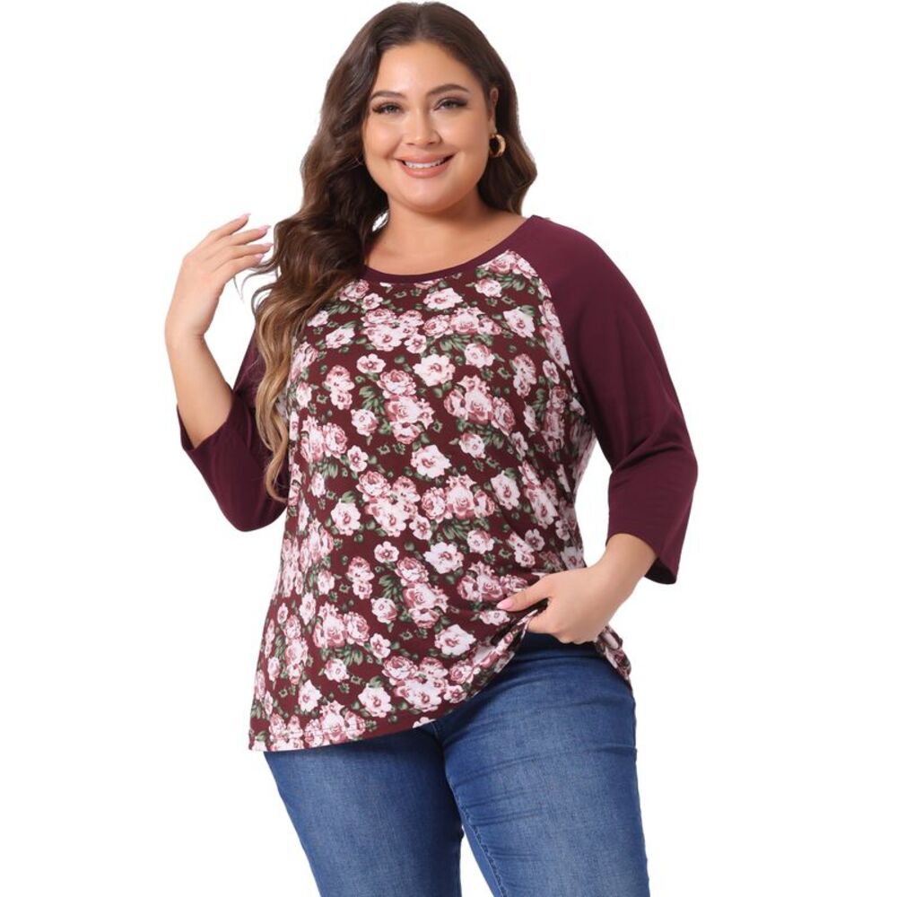 Plus Size Top Floral Printed Raglan Sleeves T Shirt Burgundy